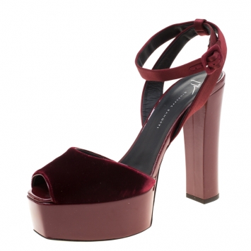 Pre Owned Giuseppe Zanotti Burgundy Satin And Velvet Lavinia Ankle Strap Platform Sandals Size 40.5