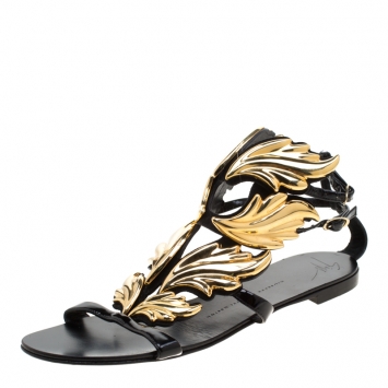 Pre Owned Giuseppe Zanotti Black And Gold Leather Cruel Summer Wing Flat Sandals Size 39