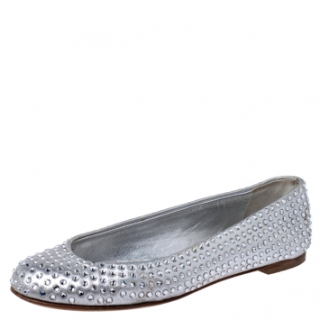 Pre Owned Giuseppe Zanotti Silver Crystal Embellished Leather Ballet Flats Size 36