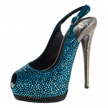 مملوكة مسبقًا Giuseppe Zanotti Tri Color Suede Crystal Embellished Peep Toe Platform Slingback Sandals Size 37