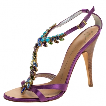 Pre Owned Giuseppe Zanotti Purple Satin Crystal Embellished Ankle Strap Sandals Size 38.5