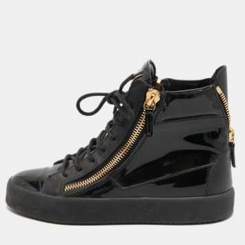 Pre Owned Giuseppe Zanotti Black Patent and Leather Kriss High Top Sneakers Size 38.5