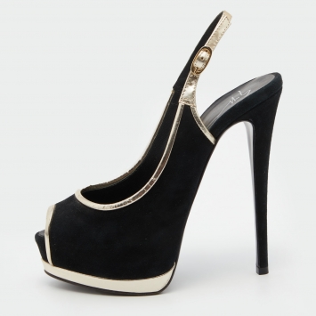 Pre Owned Giuseppe Zanotti Black /Gold Suede Slingback Platform Pumps Size 37