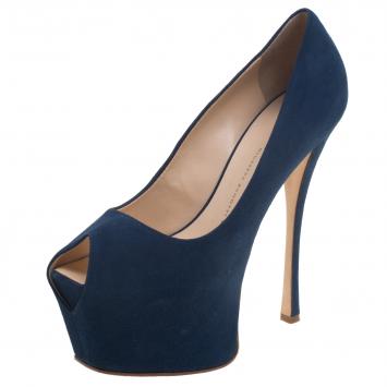 Pre Owned Giuseppe Zanotti Denim Blue Suede Peep Toe Platform Pumps Size 37.5