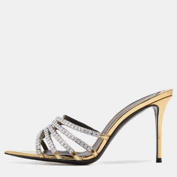 Pre Owned Giuseppe Zanotti Gold Laminated Leather Crystal Embellished Slide Sandals Size 37