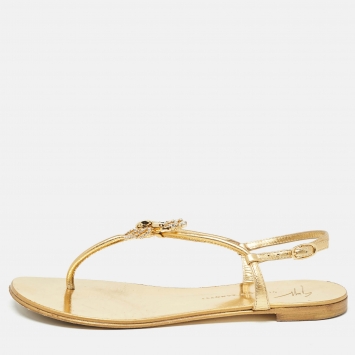 Pre Owned Giuseppe Zanotti Gold Leather Crystal Embellished Scorpio Flat Sandals Size 37