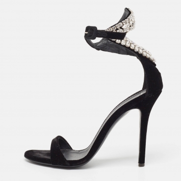 Pre Owned Giuseppe Zanotti Black Velvet Crystal Embellished Ankle Strap Sandals Size 39