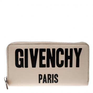 Pre Owned Givenchy Light Beige Leather Iconic Print Zip Around Wallet