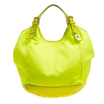 Pre Owned Givenchy Neon Green Nylon and Patent Leather Hobo