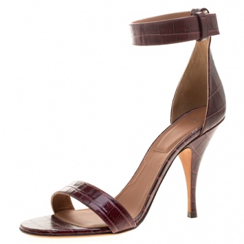 Pre Owned Givenchy Bordeaux Croc Embossed Leather Ankle Strap Open Toe Sandals Size 38.5