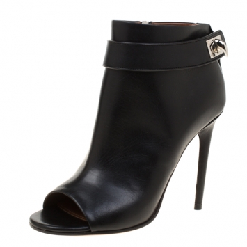 Pre Owned Givenchy Black Leather Shark Lock Peep Toe Ankle Boots Size 37