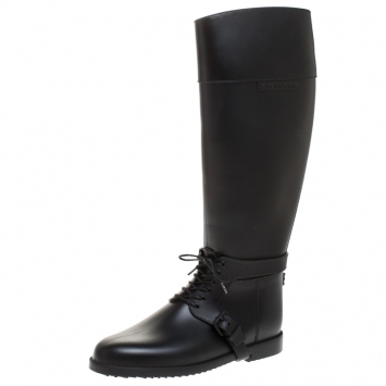 Pre Owned Givenchy Black Rubber Riding Knee Length Lace Up Boots Size 41
