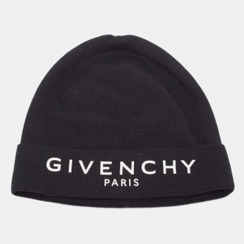Pre Owned Givenchy Black Logo Print Cotton Knit Beanie 