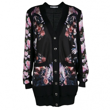Pre Owned Givenchy Black Silk Cashmere Floral Printed Panel Detail Cardigan M