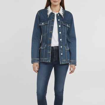Pre Owned Givenchy Blue Denim Pearl & Crystal Collar Embellished Jacket M