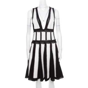Pre Owned Givenchy Monochrome Open Knit Studded Plunge Neck Detail Paneled Dress S