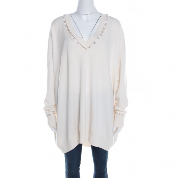Pre Owned Givenchy Cream Cashmere Wool Faux Pearl Trim V Neck Sweater S