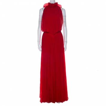 Pre Owned Givenchy Red Pleated Silk Cut Out Back Detail Evening Gown M