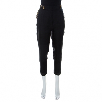 Pre Owned Givenchy Black Silk Embellished Pocket Detail Cropped Trousers M