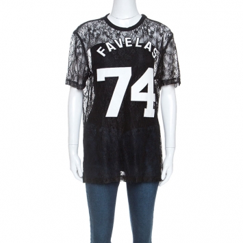 Pre Owned Givenchy Black Lace Favelas Applique Detail Short Sleeve Top M