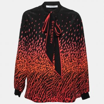 Pre Owned Givenchy Black Floral Printed Crepe Tie-Neck Blouse M
