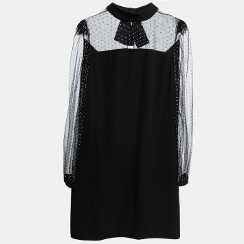 Pre Owned Givenchy Black Crepe & Beaded Tulle Tie-Back Midi Dress L