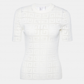 Pre Owned Givenchy Ivory 4G Motif Jacquard Knit Crew Neck T-Shirt XS