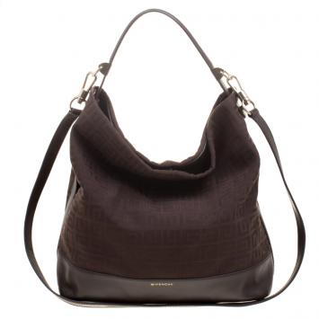Pre Owned Givenchy Brown Canvas and Leather Large Logo Print Hobo