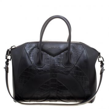 مملوكة مسبقًا Givenchy Black Croc Embossed Leather Trim Medium Antigona Satchel