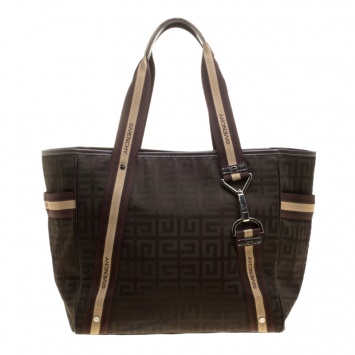 Pre Owned Givenchy Khaki/Brown Signature Nylon and Leather Tote