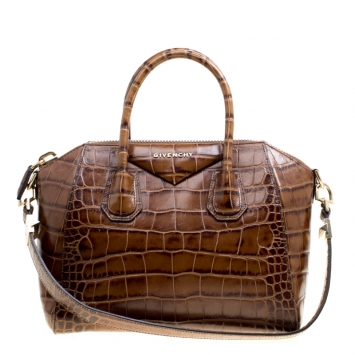 Pre Owned Givenchy Brown Croc Embossed Leather Small Antigona Top Handle Bag