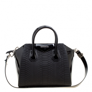 Pre Owned Givenchy Black Python and Patent Leather Small Antigona Top Handle Bag