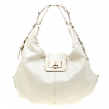 Pre Owned Givenchy White Textured Patent Leather Hobo
