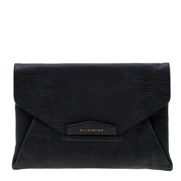 Pre Owned Givenchy Black Lizard Embossed Antigona Envelope Clutch