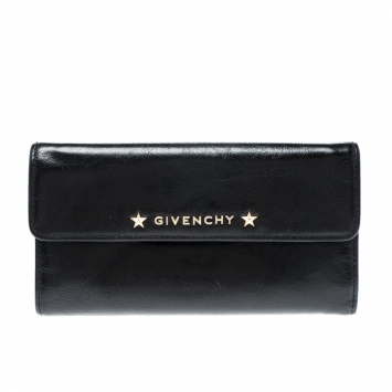 Pre Owned Givenchy Black Logo Star Leather Continental Flap Wallet