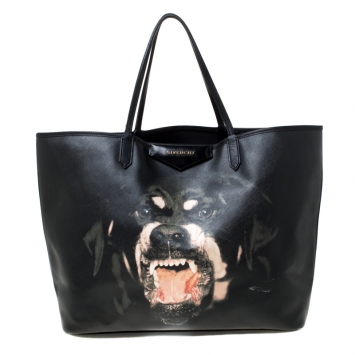 Pre Owned Givenchy Black Rottweiler Print Coated Canvas Medium Antigona Tote