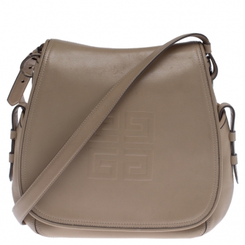 Pre Owned Givenchy Beige Leather Logo Flap Shoulder Bag