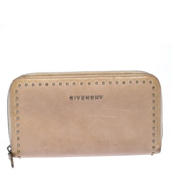 Pre Owned Givenchy Beige Studded Leather Pandora Zip Around Wallet