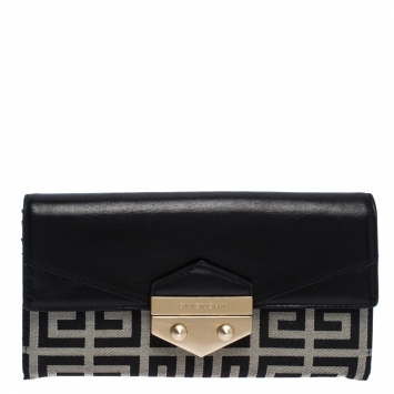 Pre Owned Givenchy Black/White Signature Leather and Canvas Flap Continental Wallet