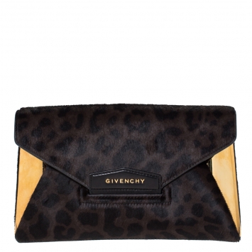 Pre Owned Givenchy Black/Brown Leopard Calfhair and Leather Antigona Metal Clutch