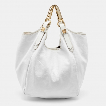 Pre Owned Givenchy Off White Leather Medium Chain Hobo