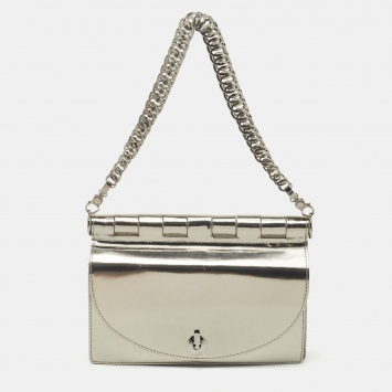Pre Owned Versace Silver Mirrored Leather Flap Chain Shoulder Bag