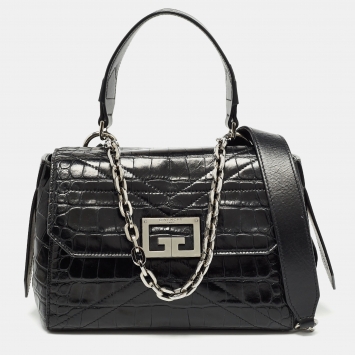 Pre Owned Givenchy Black Croc Embossed Leather Small ID Flap Top Handle Bag