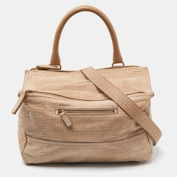 Pre Owned Givenchy Beige Nubuck Croc Embossed Leather Pandora Top Handle Bag