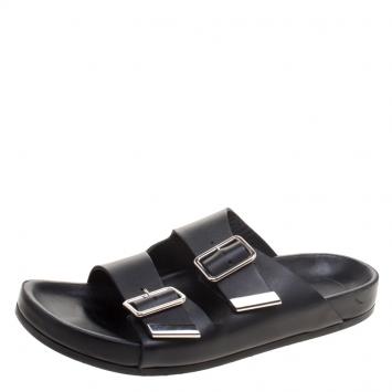 Pre Owned Givenchy Black Leather Buckle Detail Flat Slides Size 39