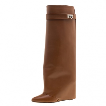 Pre Owned Givenchy Brown Leather Shark Lock Wedge Knee High Riding Boots Size 38