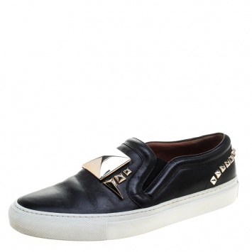 Pre Owned Givenchy Black Leather Studded Slip On Sneakers Size 38