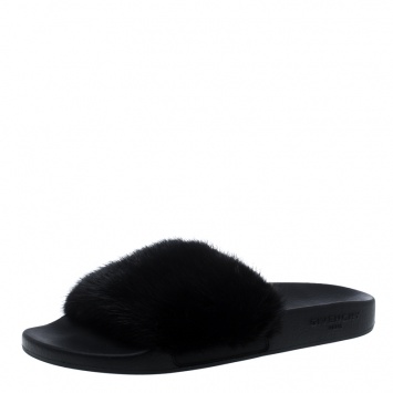 Pre Owned Givenchy Black Mink Fur Flat Slides Size 40