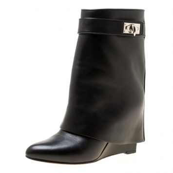 Pre Owned Givenchy Black Leather Shark Lock Wedge Ankle Boots Size 36.5