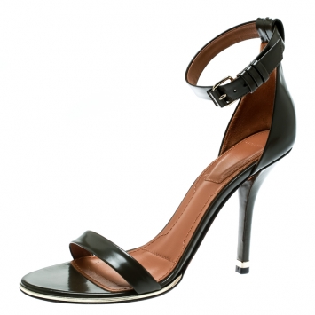Pre Owned Givenchy Olive Green Leather Ankle Strap Open Toe Sandals Size 38.5
